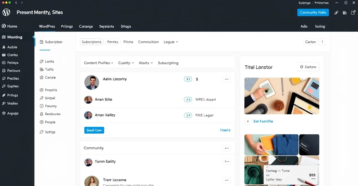 Membership site feature dashboard showing community engagement tools, content access levels, and member analytics in a modern WordPress platform