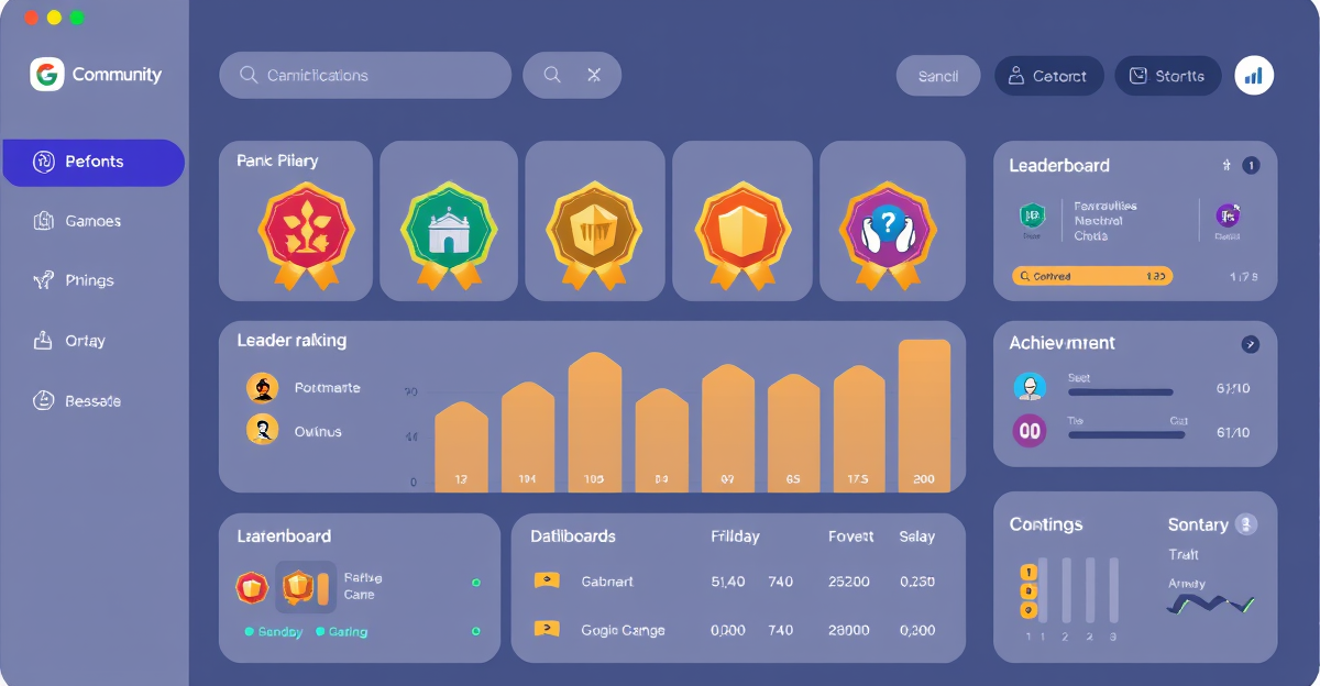 Community gamification dashboard with badges and leaderboards
