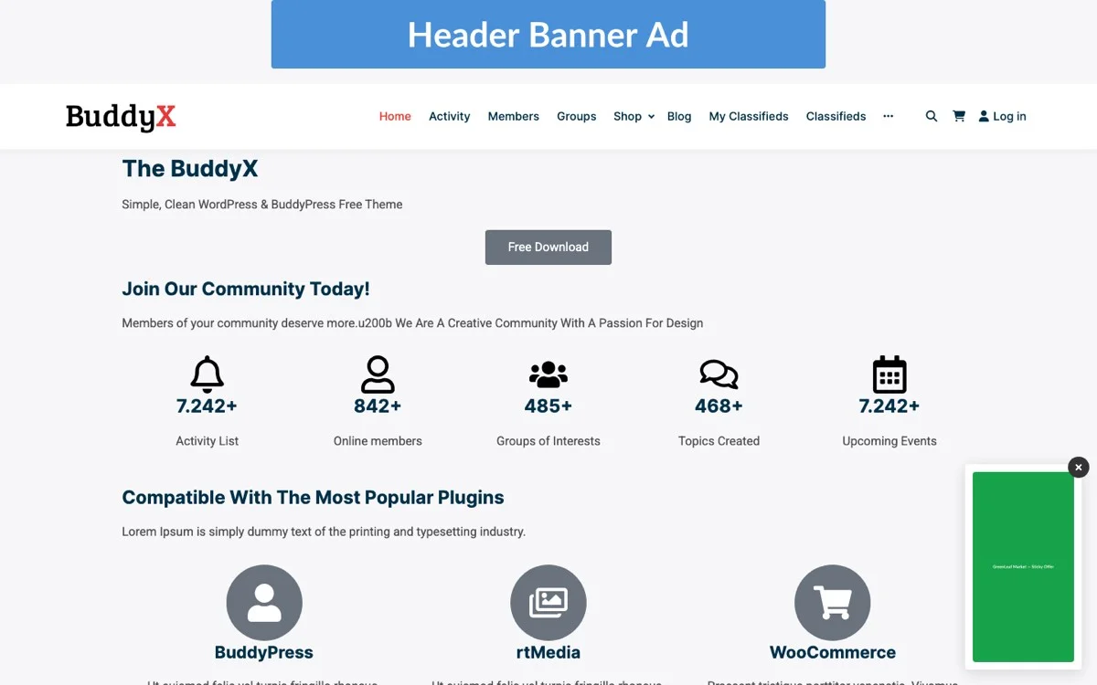 WB Ad Manager Pro showing ads integrated into a BuddyPress community homepage