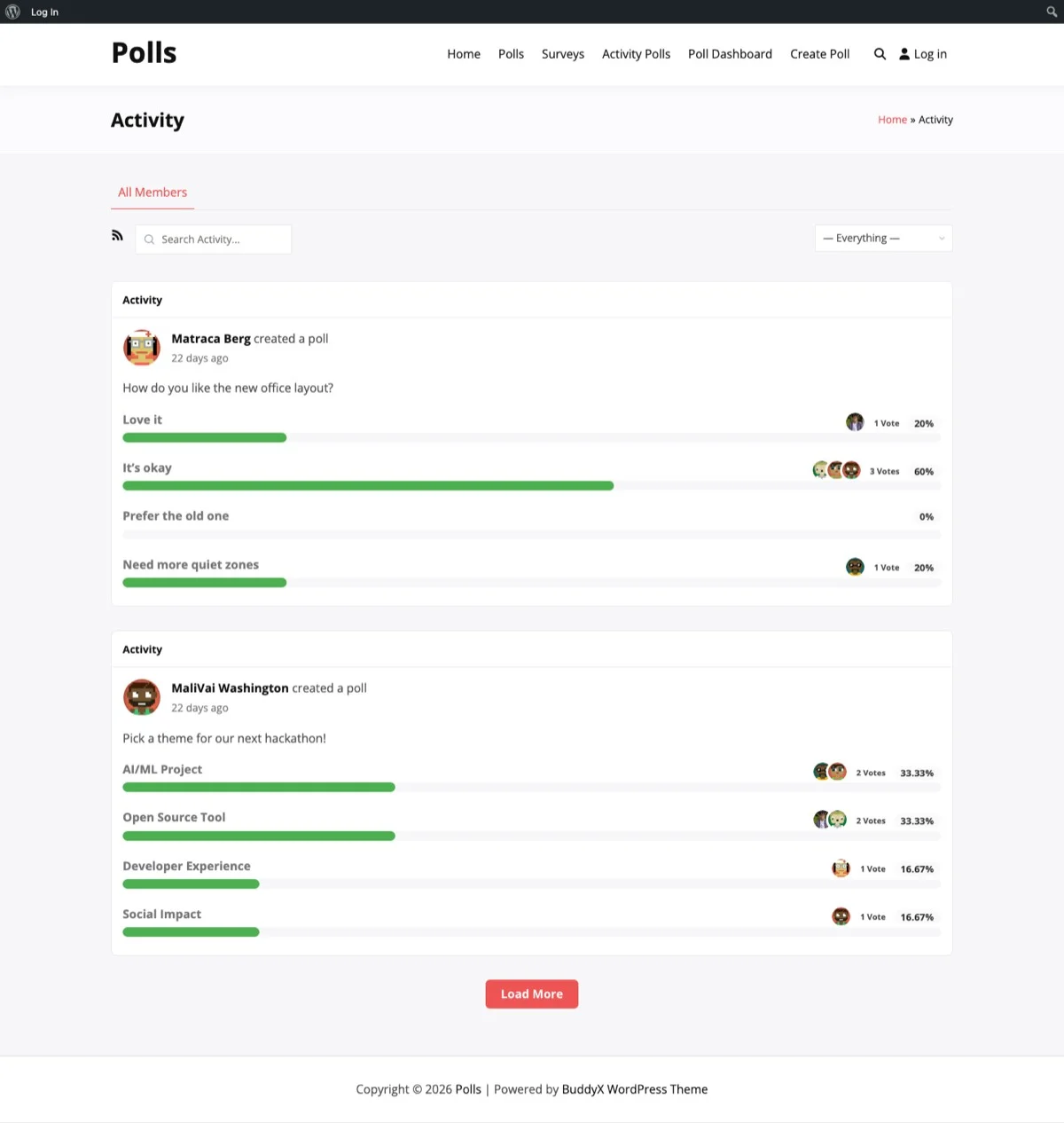 WB Polls displayed in the BuddyPress activity feed showing active community polls