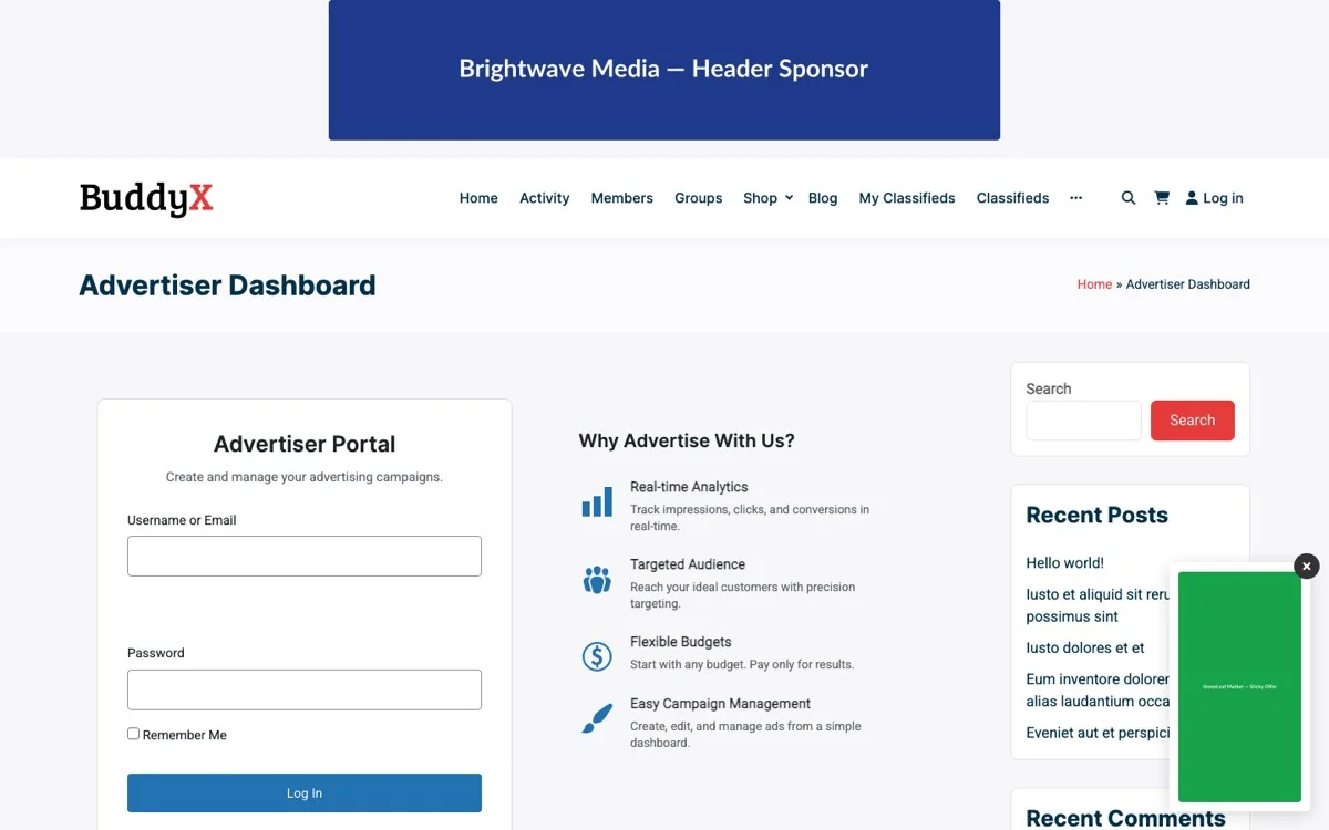 WB Ad Manager Pro advertiser dashboard showing campaign management interface