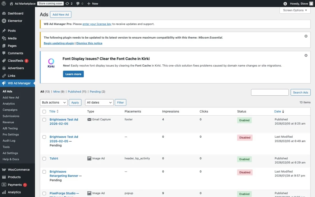 WB Ad Manager admin panel showing the ads list with status indicators and performance data
