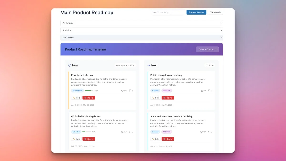 Product Roadmap timeline view showing development items organized by time periods with progress bars