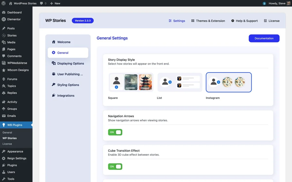 WP Stories General settings with display style options