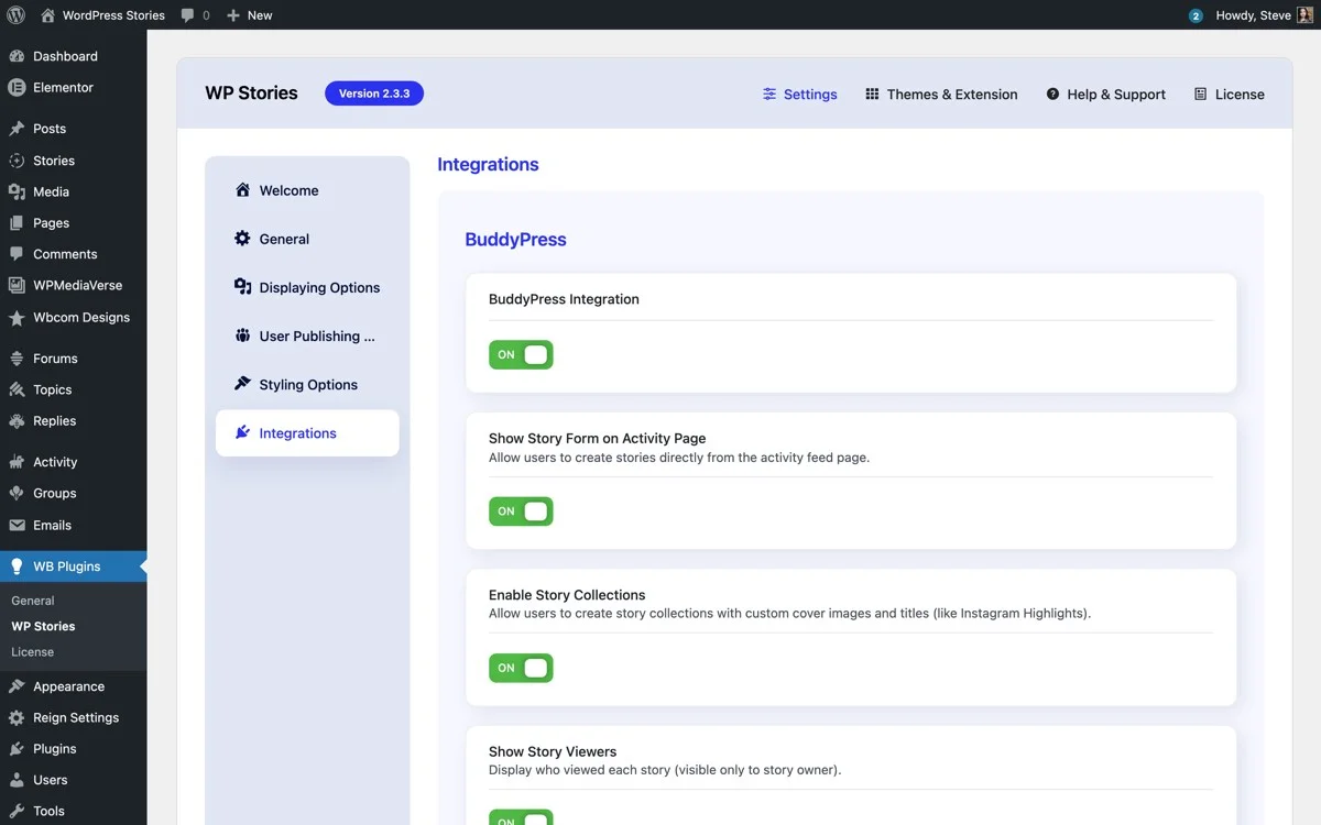 WP Stories integration settings showing BuddyPress toggles