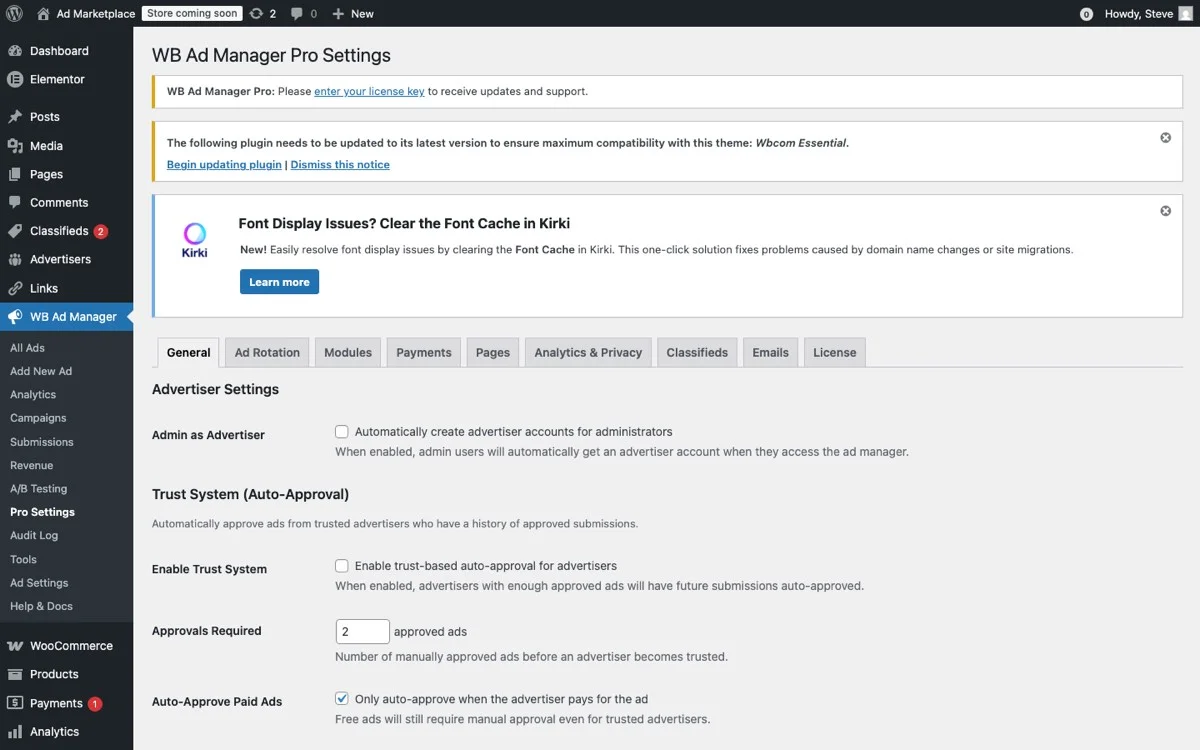 WB Ad Manager Pro settings panel showing advanced configuration options for ad packages and pricing