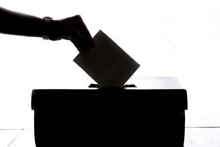 A person casting a vote into a ballot box for board elections