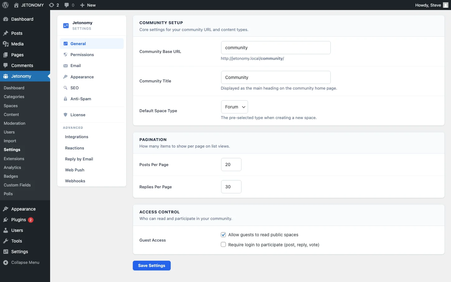 Jetonomy plugin settings page in WordPress admin with configuration options