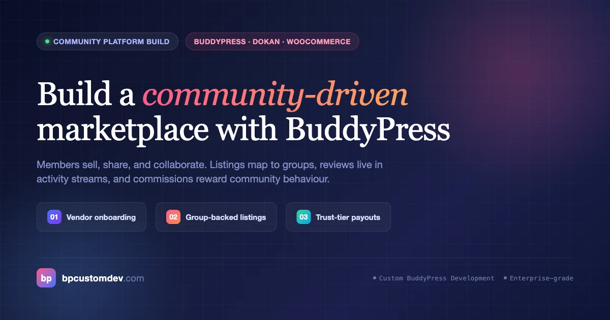 Dark enterprise visual for building a community-driven BuddyPress marketplace with Dokan, WooCommerce and community pillars