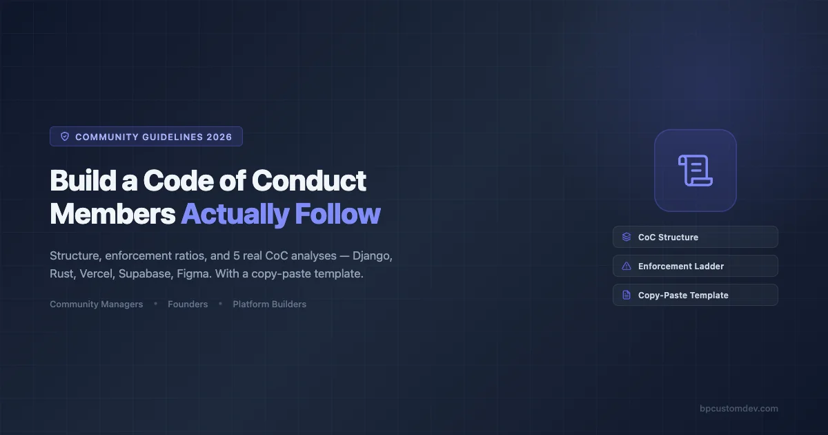 Community code of conduct template 2026 showing CoC structure, enforcement ladder, and copy-paste template guide for community managers