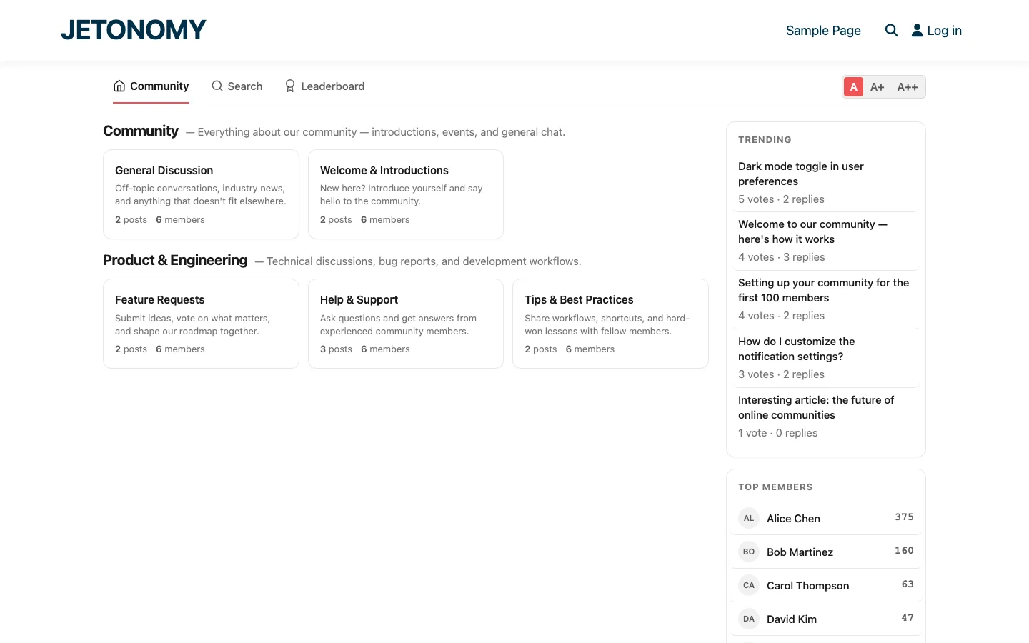 Jetonomy forum plugin community home page showing categories, spaces, trending topics, and top members