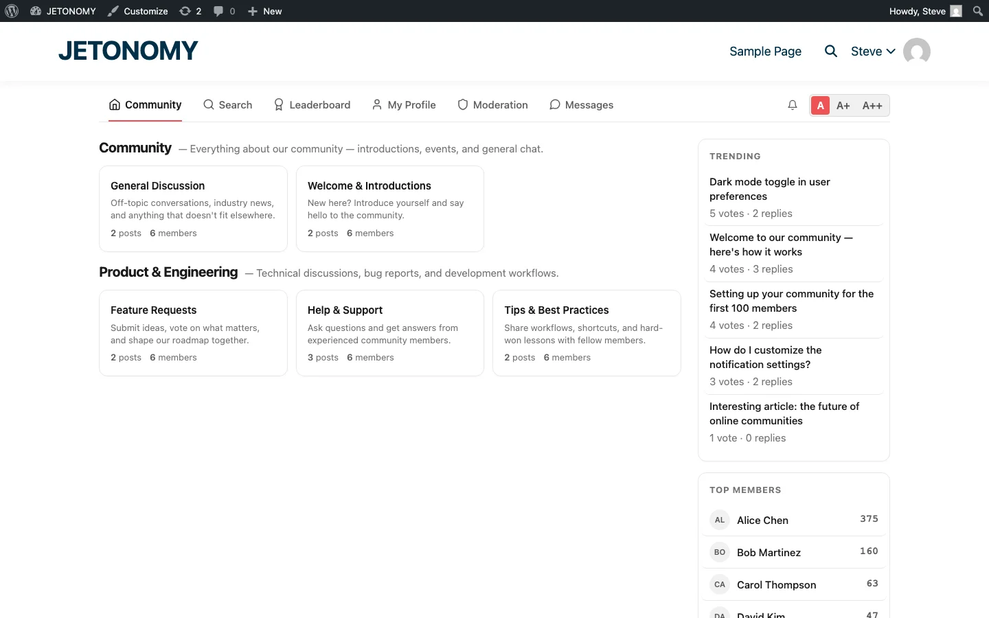 Jetonomy forum logged-in view with navigation tabs for Community, Search, Leaderboard, My Profile, Moderation, and Messages