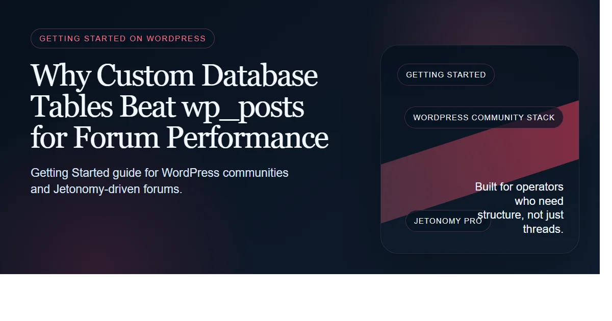 Dark enterprise featured image for why custom database tables beat wp_posts for forum performance on bpcustomdev