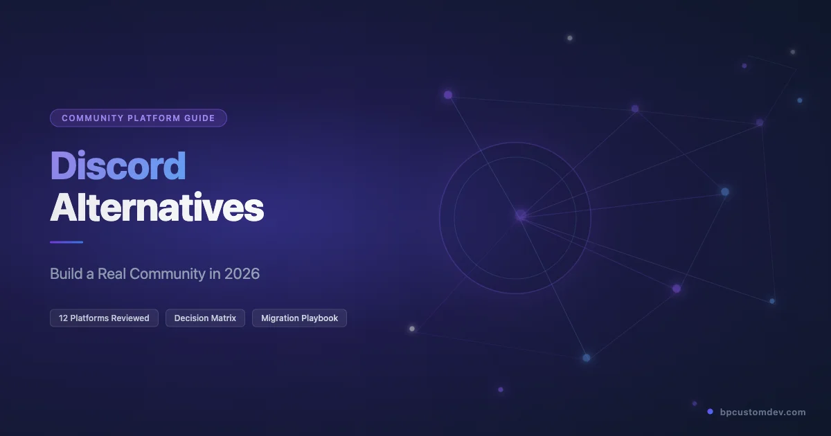 Network graph visualization showing interconnected community nodes on a dark purple gradient background — illustrating Discord alternatives for building a real online community in 2026