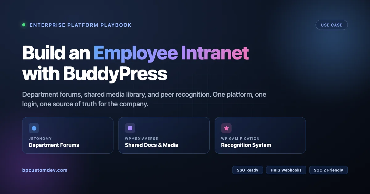 Build an Employee Intranet with BuddyPress: Jetonomy forums, WPMediaVerse media library, WP Gamification recognition