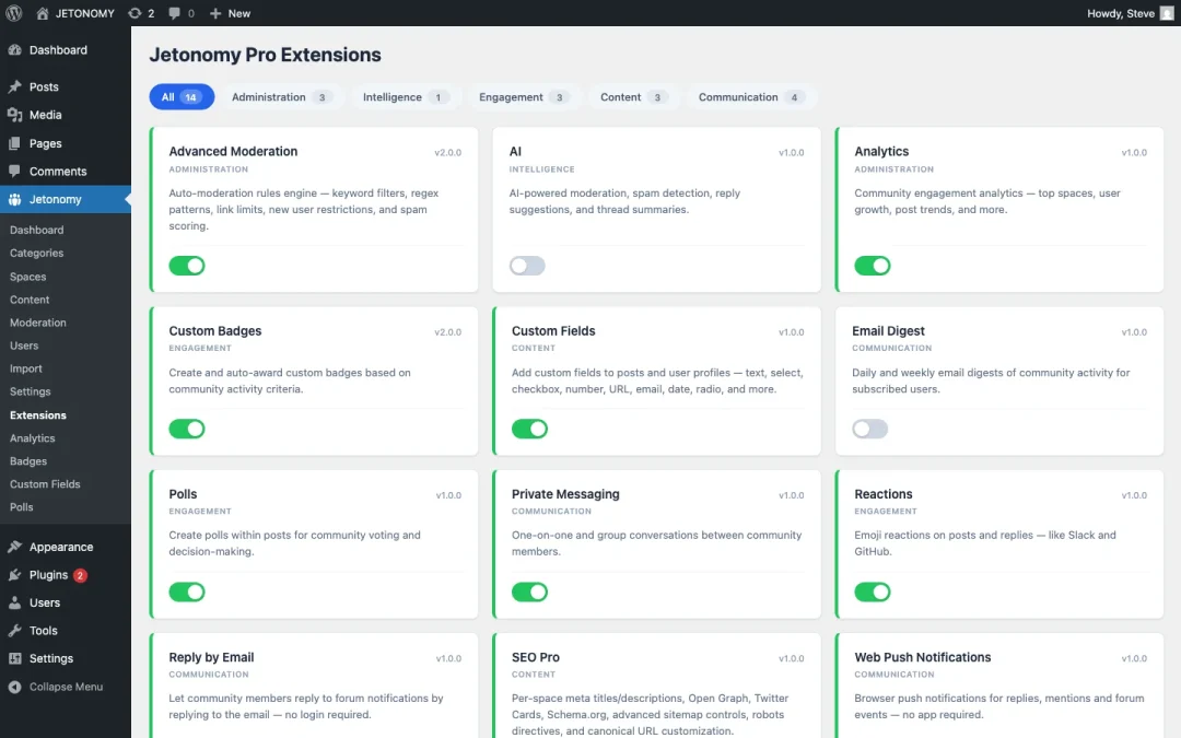 Jetonomy Pro extensions page showing 14 available extensions including Advanced Moderation, AI, Analytics, Custom Badges, Polls, Private Messaging, Reactions, and more