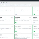 Jetonomy Pro extensions page showing 14 available extensions including Advanced Moderation, AI, Analytics, Custom Badges, Polls, Private Messaging, Reactions, and more