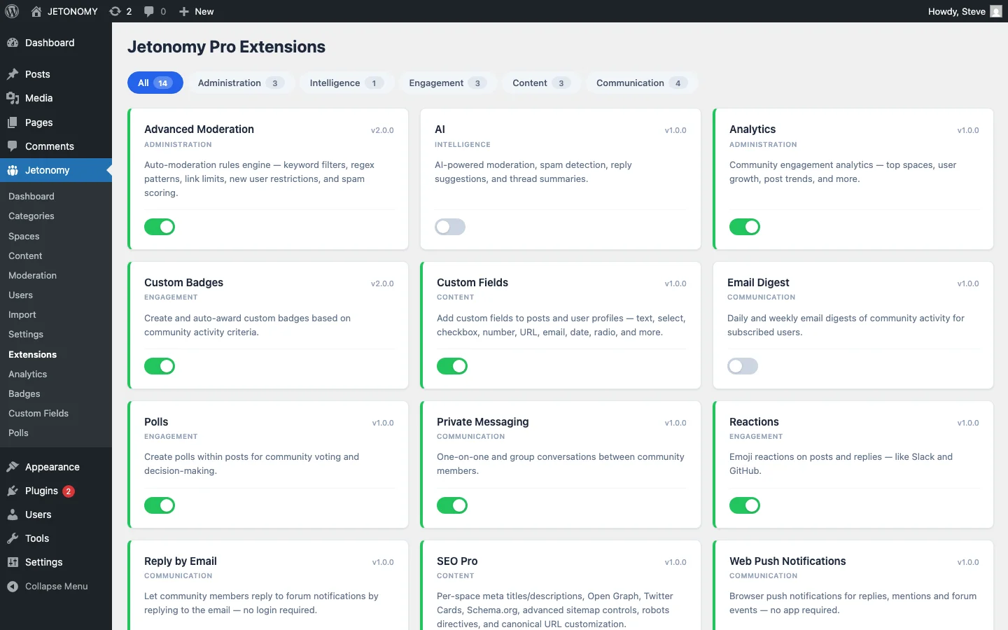 Jetonomy Pro extensions page showing 14 available extensions including Advanced Moderation, AI, Analytics, Custom Badges, Polls, Private Messaging, Reactions, and more