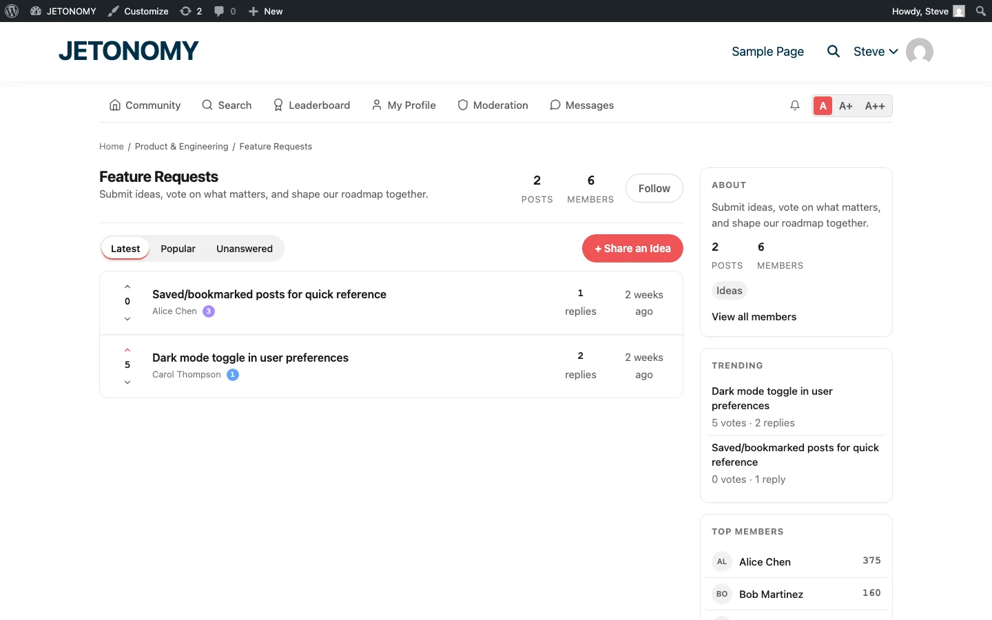 Jetonomy ideas board showing feature requests space where members submit and vote on ideas