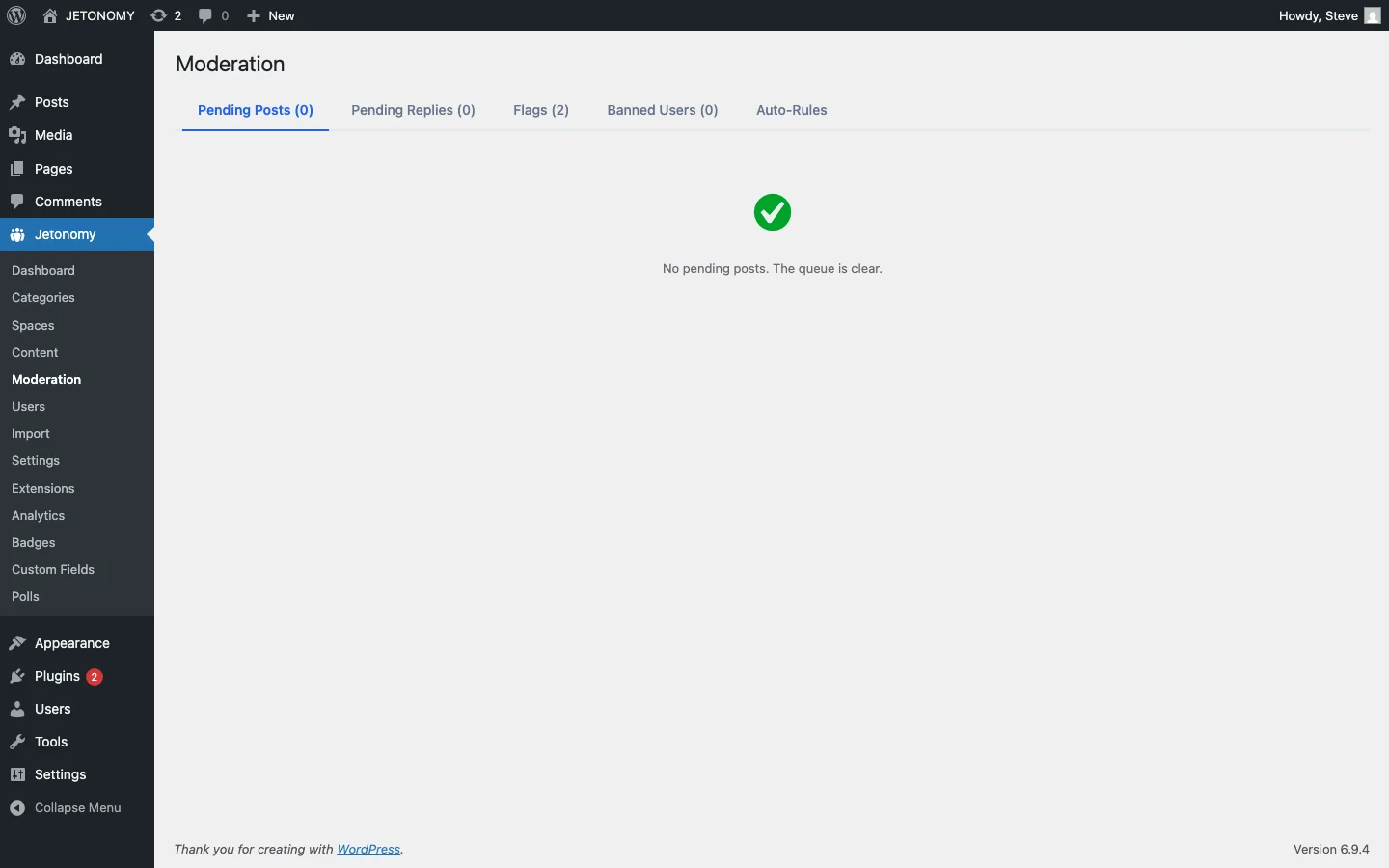 Jetonomy moderation page in WordPress admin for managing flagged content and user reports