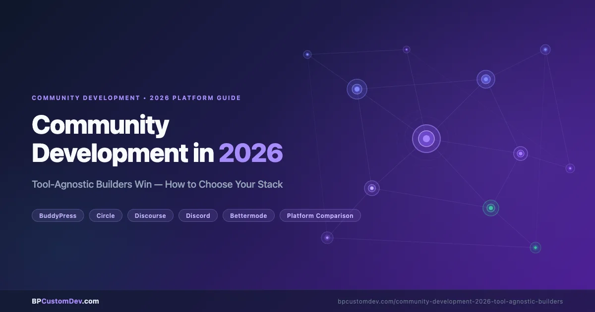 Abstract multi-platform network diagram on dark navy-to-purple gradient representing the 2026 community platform landscape with interconnected nodes for BuddyPress, Circle, Discourse, Discord, and Bettermode