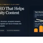 Dark enterprise featured image for forum SEO, showing discussion blocks, ranking bars, and an upward growth arrow