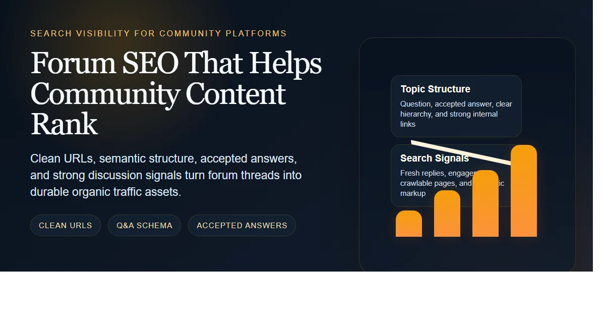 Dark enterprise featured image for forum SEO, showing discussion blocks, ranking bars, and an upward growth arrow
