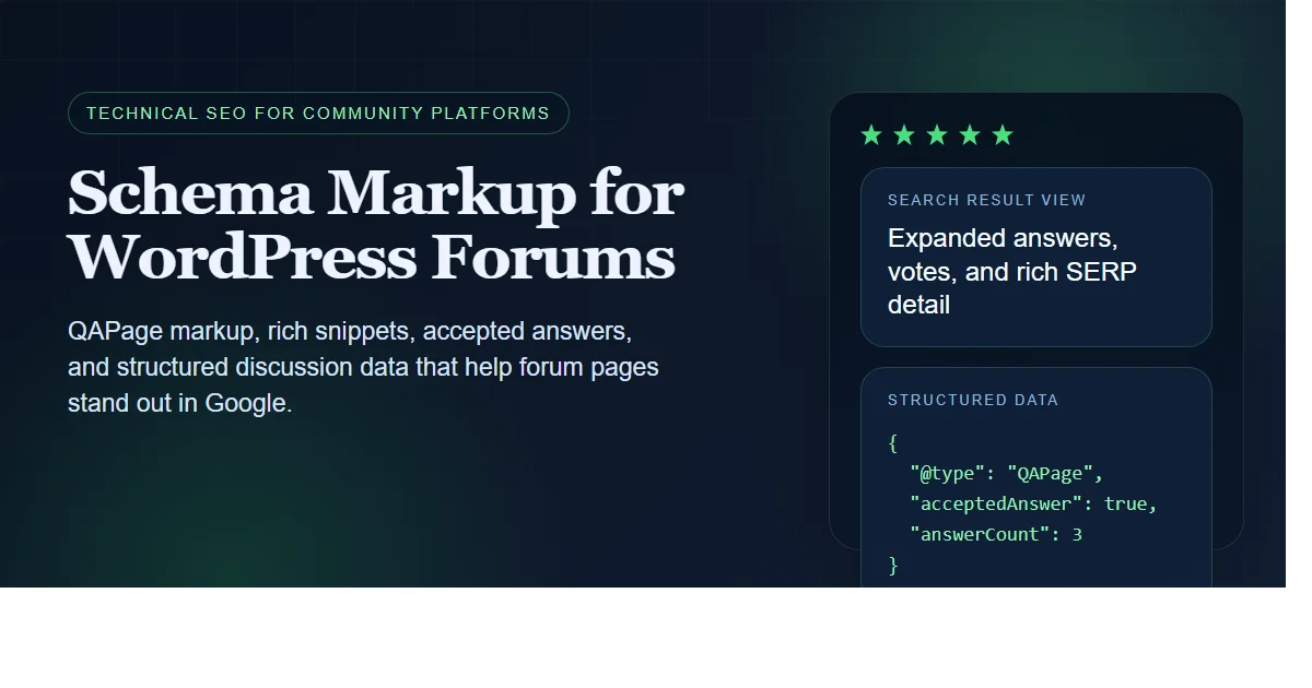 Dark enterprise featured image for schema markup on WordPress forums, showing a rich result panel and QAPage structured data