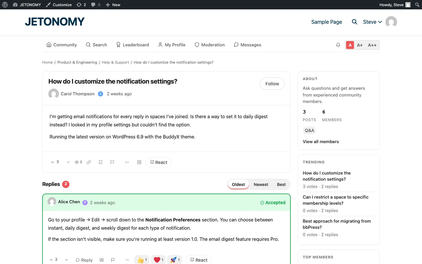 Jetonomy single topic view showing a question with accepted answer, emoji reactions, voting, and reply threading