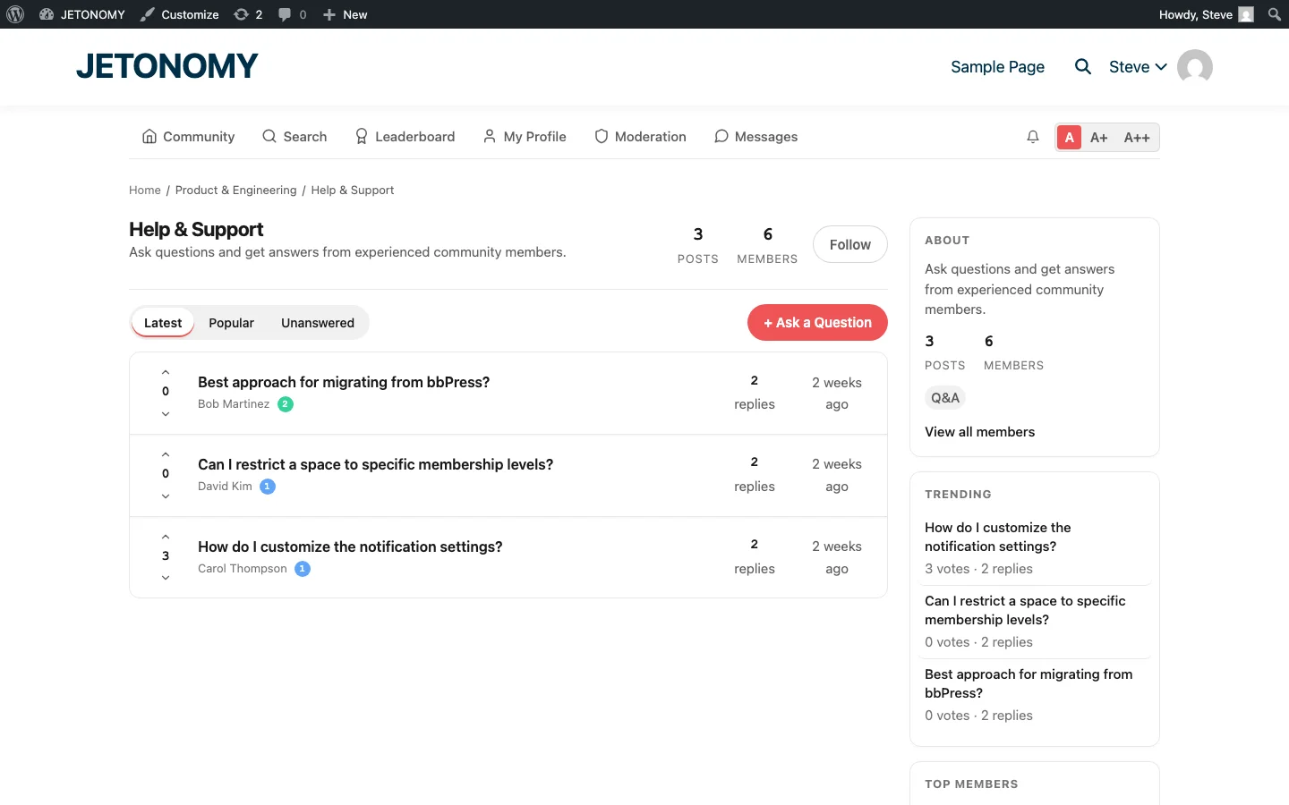 Jetonomy Q&A space showing Help and Support forum with topic listing, voting, reply counts, and Ask a Question button