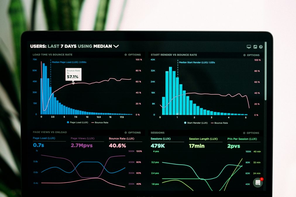 Analytics dashboard on laptop showing performance metrics and charts for tracking support forum effectiveness