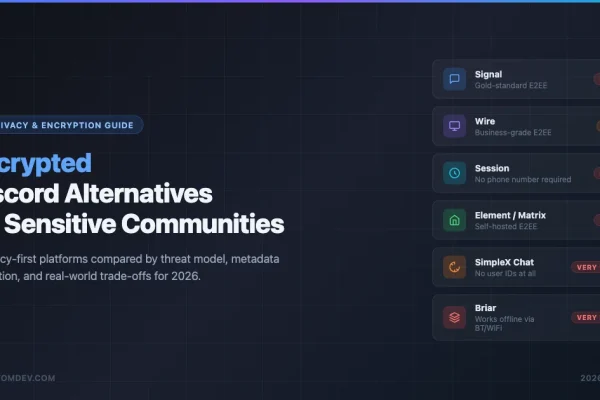 Six encrypted Discord alternatives compared by threat model: Signal, Wire, Session, Element, SimpleX, Briar