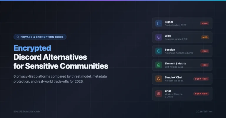 Six encrypted Discord alternatives compared by threat model: Signal, Wire, Session, Element, SimpleX, Briar