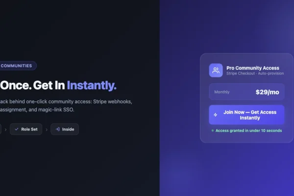 One-click community membership payment flow showing Stripe checkout, instant role assignment, and magic link access
