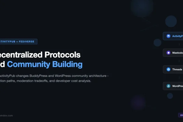 Decentralized protocols and community building: ActivityPub, Mastodon, Threads, and WordPress federation stack diagram