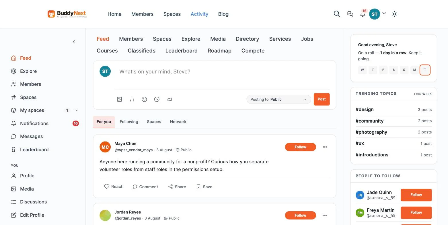 BuddyNext activity feed showing a post composer, a member question about nonprofit volunteer roles, trending hashtags and a people to follow panel