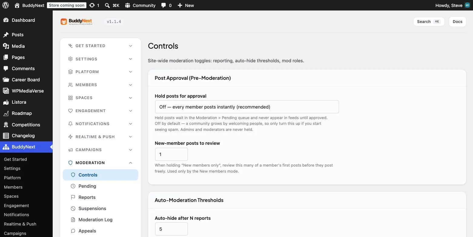 BuddyNext moderation admin screen showing post approval settings, auto-hide thresholds and a sidebar with pending, reports, suspensions, moderation log and appeals