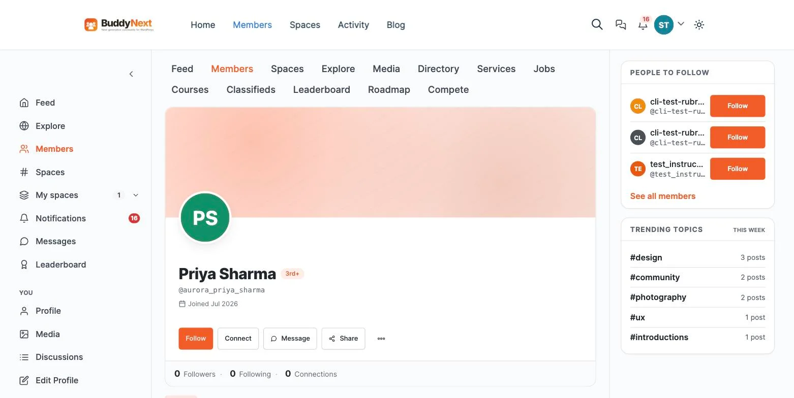 BuddyNext member profile page showing cover image, avatar, connection degree badge and follow, connect, message and share actions