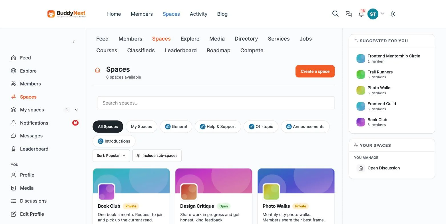 BuddyNext spaces directory listing eight spaces with private and open visibility badges and category filters for general, help and support, off-topic, announcements and introductions