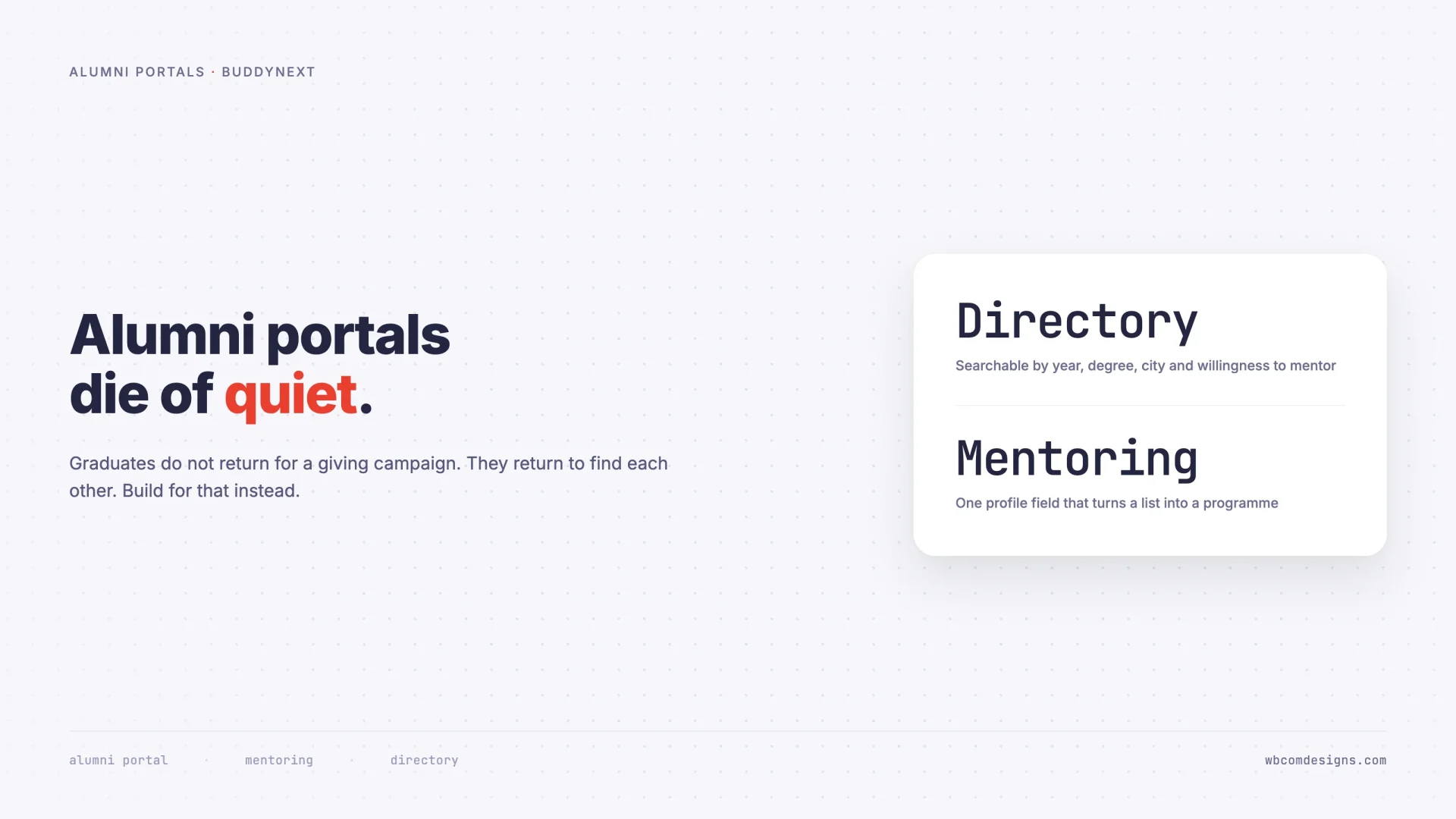 Stat card describing an alumni directory searchable by year, degree and city, and a mentoring field that turns a list into a programme