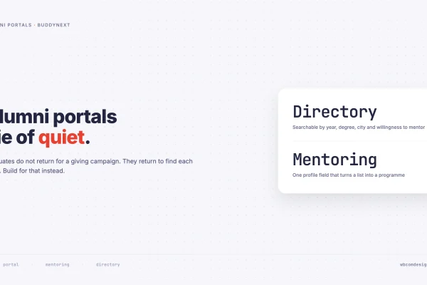 Stat card describing an alumni directory searchable by year, degree and city, and a mentoring field that turns a list into a programme