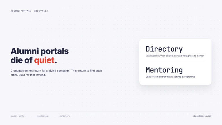 Stat card describing an alumni directory searchable by year, degree and city, and a mentoring field that turns a list into a programme
