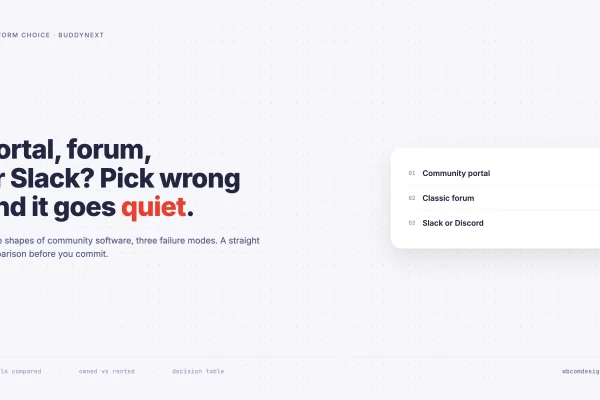 Card listing three community models being compared: community portal, classic forum, and Slack or Discord