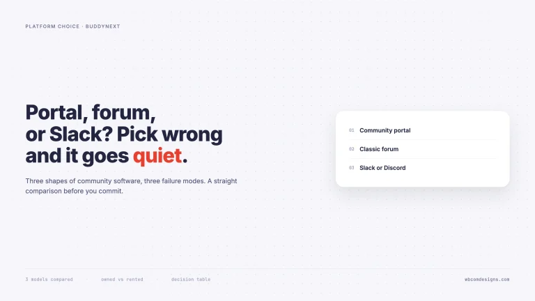 Card listing three community models being compared: community portal, classic forum, and Slack or Discord