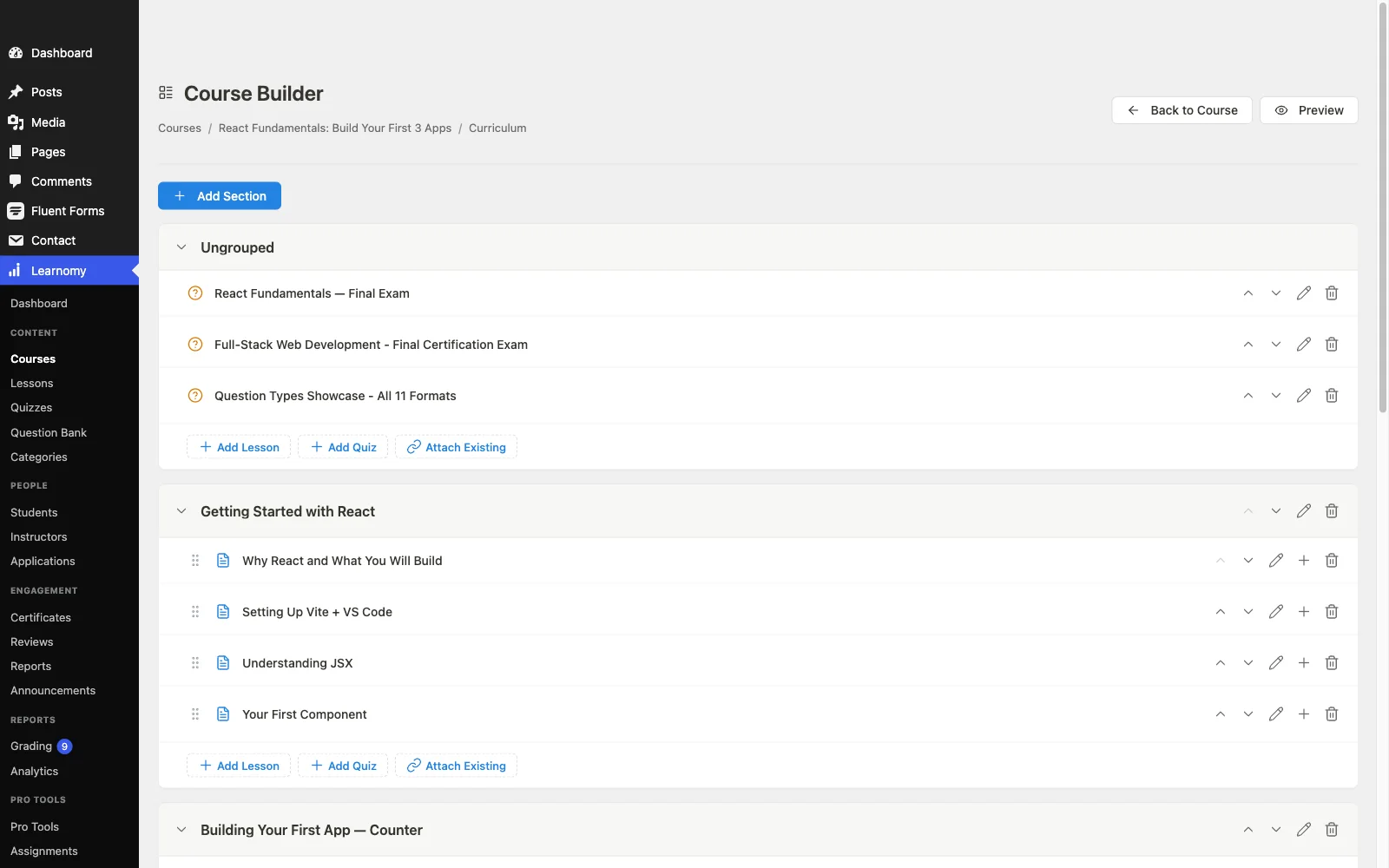 Learnomy course builder interface showing sections, lessons, topics, and quizzes