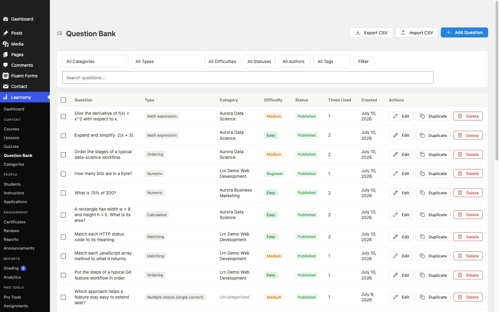 Learnomy question bank showing all supported question types