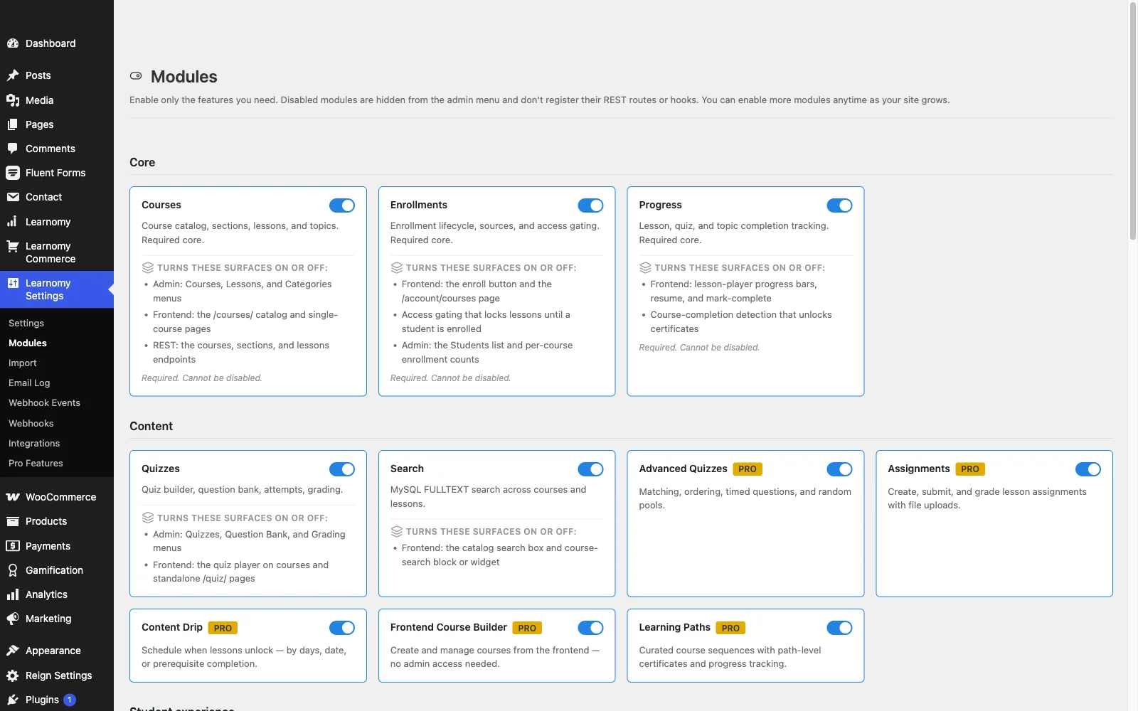 Learnomy modules hub with feature toggles