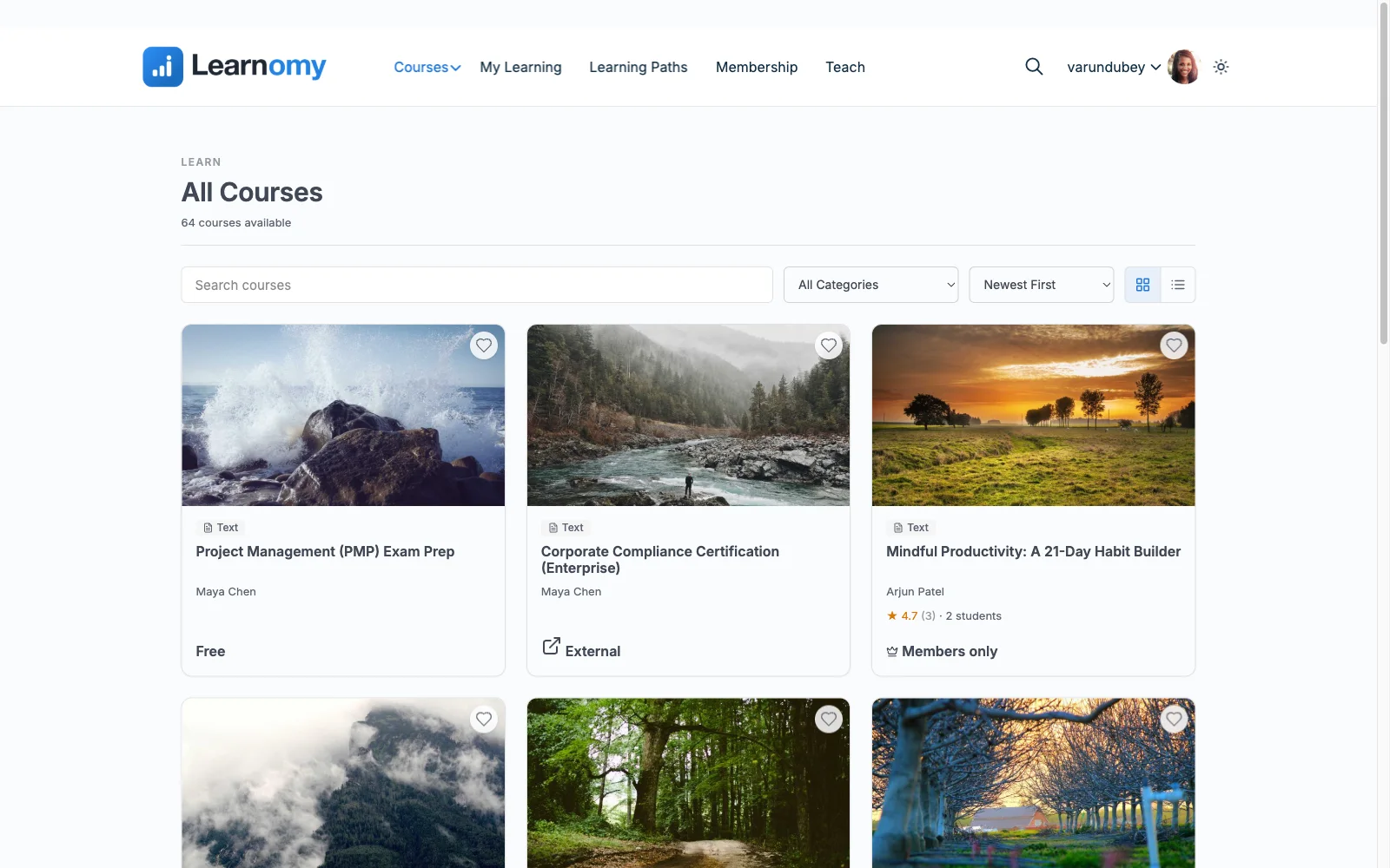 Learnomy course catalog page
