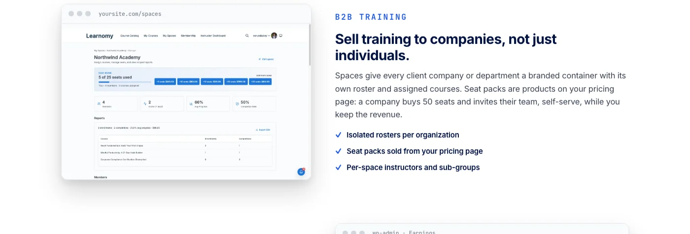 Learnomy B2B training dashboard showing company seat purchases and team roster management for corporate learning at scale