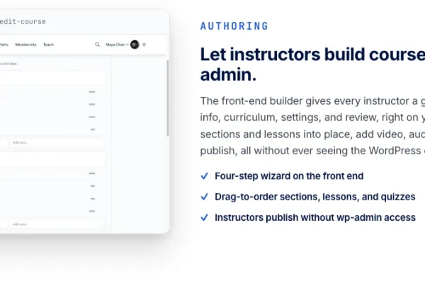 Learnomy frontend drag and drop course builder interface used by WordPress developers to structure lessons